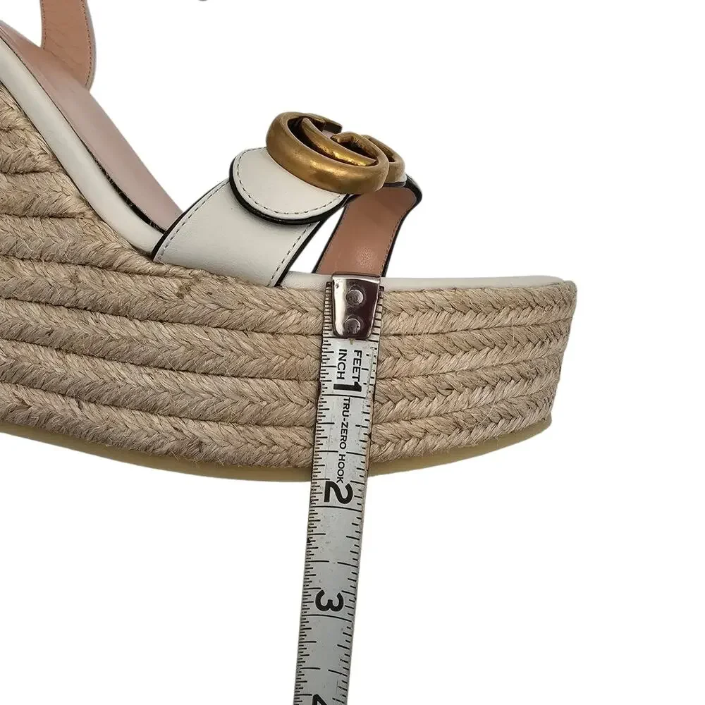 Gucci GG Marmont Aitana Platform Wedge Sandal White Leather Gold Size 41 US 11